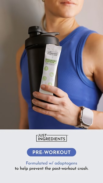 A minimalist, high-contrast 9:16 ad showing a fitness user holding a Pre-Workout stick pack and shaker, focusing on the specific product benefit.